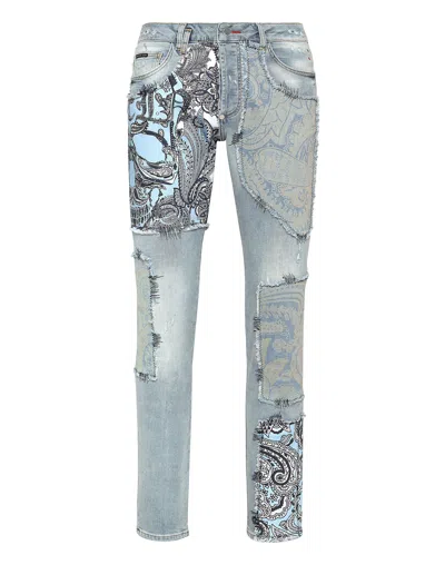 PHILIPP PLEIN DENIM TROUSERS SUPER STRAIGHT CUT FIT PAISLEY PATCHWORK