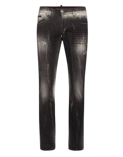 Philipp Plein Denim Trousers Super Straight Cut Fit Skull & Bones In Multi