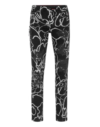 PHILIPP PLEIN DENIM TROUSERS SUPER STRAIGHT CUT FIT SKULL & BONES