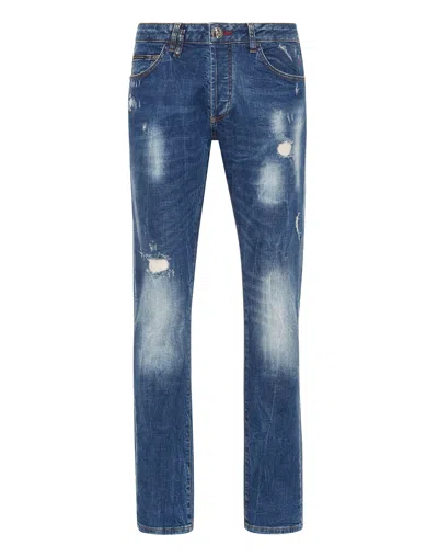 Philipp Plein Denim Trousers Super Straight Cut Lion Circus In Blue