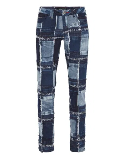 Philipp Plein Denim Trousers Super Straight Cut In Blue