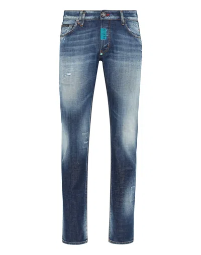 Philipp Plein Denim Trousers Super Straight Cut Premium Hexagon In Blue