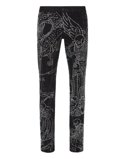 Philipp Plein Denim Trousers Super Straight Cut Strass Skeleton Tattoo With Crystals In Multi
