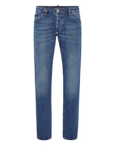 Philipp Plein Denim Trousers Super Straight Cut Tattoo In Blue