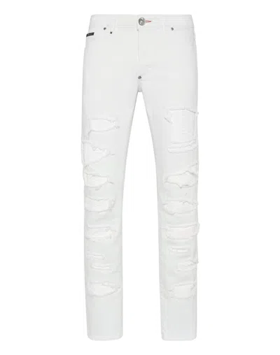 Philipp Plein Denim Trousers Super Straight Cut With Python Inserts In Multi