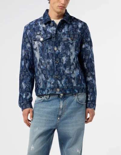 Philipp Plein Denim Trucker Jacket Jacquard Monogram Men In Multi