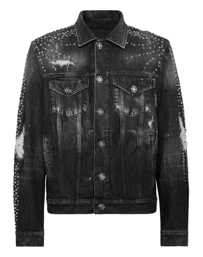 Philipp Plein Denim Trucker Jacket Ls Studs In Multi