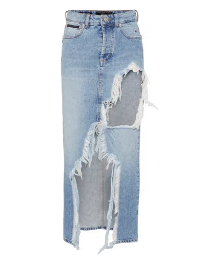 Philipp Plein Distressed-effect Midi Denim Skirt In Multi