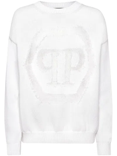 Philipp Plein Devoré-logo Crew-neck Sweater In White