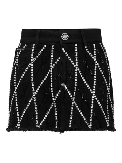 Philipp Plein Diamond-pattern Denim Skirt In Black