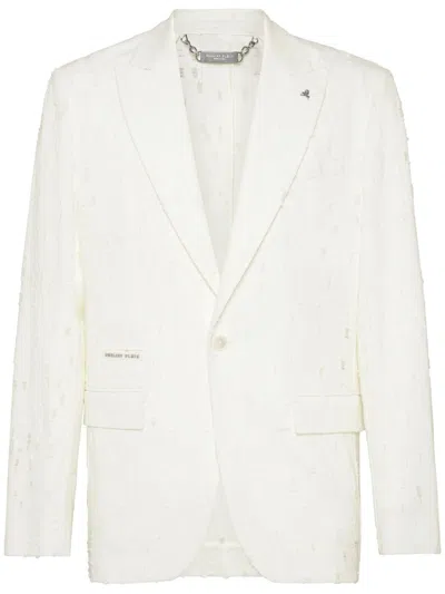 Philipp Plein Distressed Blazer In White