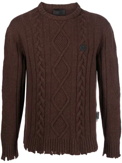 Philipp Plein Distressed Cable-knit Jumper In Brown