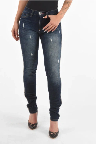 Philipp Plein Distressed Denim Crystal Stripe Jeggings In Blue