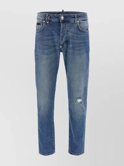 Philipp Plein Distressed Denim Trousers With Pockets And Loops In Blue