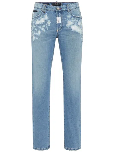 Philipp Plein Straight-leg-jeans Mit Distressed-detail In Blau