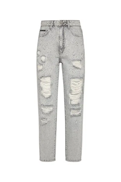 Philipp Plein Distressed High-waisted Denim Jeans With Stretch And Ripped Details