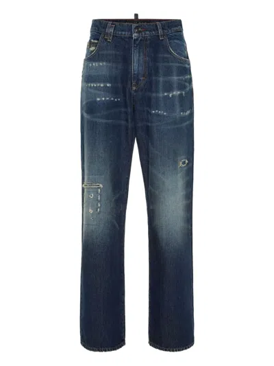 Philipp Plein Distressed Logo-plaque Jeans In Blue