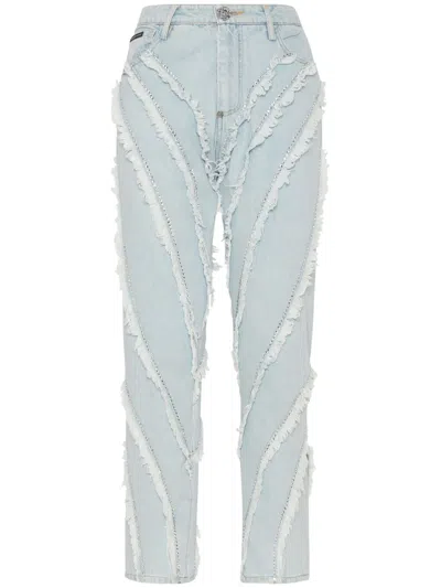 Philipp Plein Distressed Rhinestone-embellished Jeans In Blue