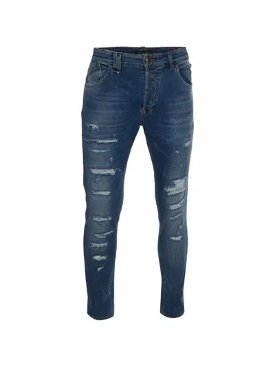 Pre-owned Philipp Plein Distressed Straight-cut Jeans In Blue