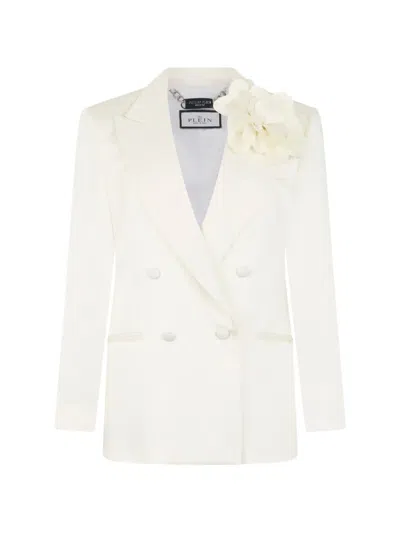 Philipp Plein Double-breasted Flower-embellished Blazer In White