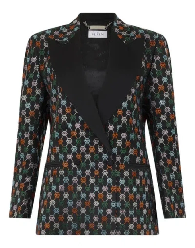 Philipp Plein Double Breasted Marine Fit Blazer Monogram Strass Women In Black