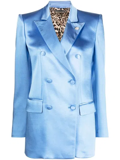 Philipp Plein Double-breasted Satin Blazer In Blue