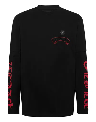 Philipp Plein Double Sleeve T-shirt Banner Embroidery In Black