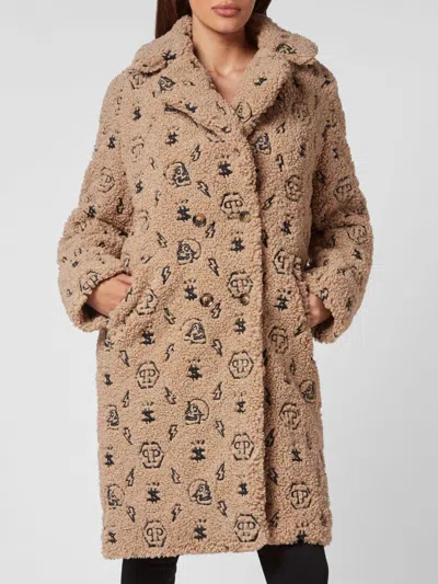 Philipp Plein Double-breasted Faux Fur Coat With Hexagon Logo In Brown