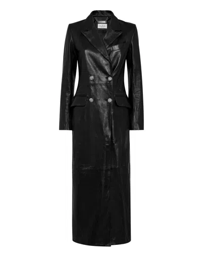 Philipp Plein Double-breasted Leather Long Coat Embossed Signature In Black