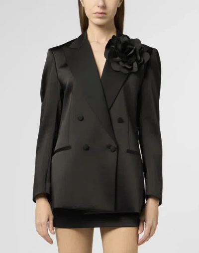 Philipp Plein Double-breasted Satin Blazer Roses Women In Black