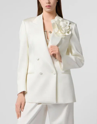 Philipp Plein Double-breasted Satin Blazer Roses Women In White