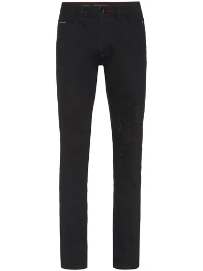 Philipp Plein Denim Trousers Super Straight Cut Dragon Strass In Black