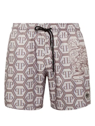 Philipp Plein Dragon Monogram Swim Shorts In Neutrals