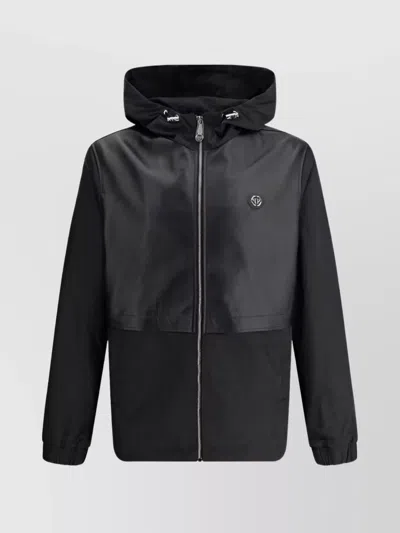 PHILIPP PLEIN DRAWSTRING LEATHER PANEL HOODED JACKET