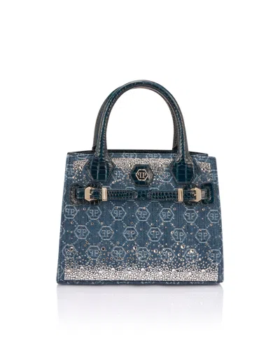 Philipp Plein Dynasty Small Shopper Bag Monogram Strass In Blue