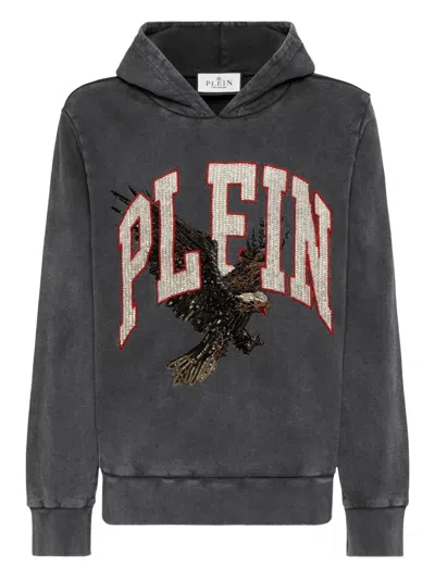 Philipp Plein Washed Hoodie Sweatshirt Plein Eagle In Gray