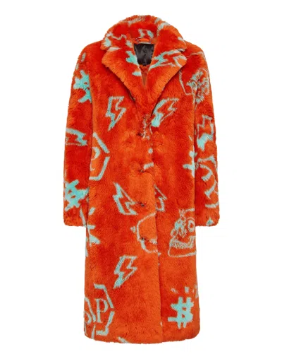 Philipp Plein Eco Fur Long Coat Monogram In Orange