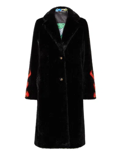 Philipp Plein Eco Fur Long Coat Monsters In Black