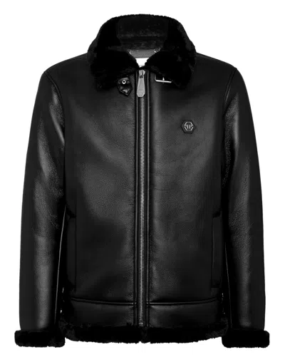 Philipp Plein Logo-patch Faux-leather Bomber Jacket In Black