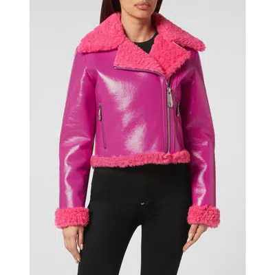 Philipp Plein Eco Shearling Short Biker Jacket Skull&amp;bones Women In Fuxia