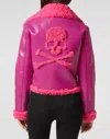 Philipp Plein Eco Shearling Short Biker Jacket Skull & Bones In Multi
