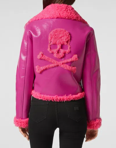 Philipp Plein Eco Shearling Short Biker Jacket Skull & Bones In Multi