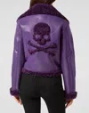 Philipp Plein Eco Shearling Short Biker Jacket Skull & Bones In Purple