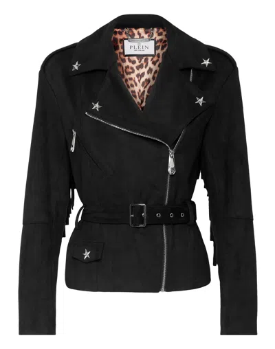 Philipp Plein Eco Suede Oversize Biker Jacket Stars In Black