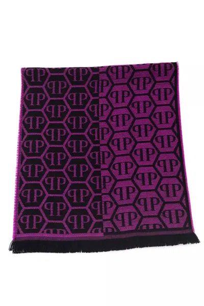 Philipp Plein Elegant Monogram Fringed Men's Scarf In Purple