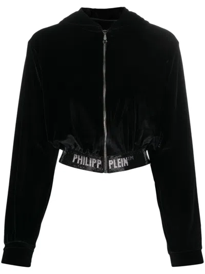 Philipp Plein Embellished-logo Hooded Cardigan In Black