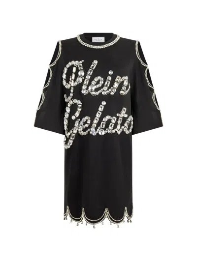 Philipp Plein Mini T-shirt Dress Crystal Waves In Black