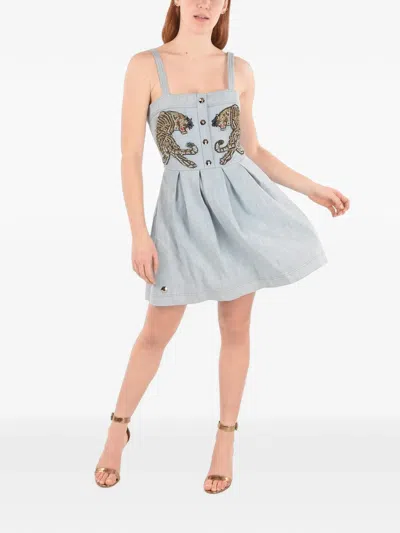 Philipp Plein Embellished Pleated Denim Mini Dress In Gray
