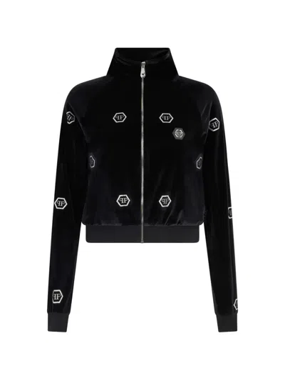 Philipp Plein Embellished Zip-up Sweatshirt In Black