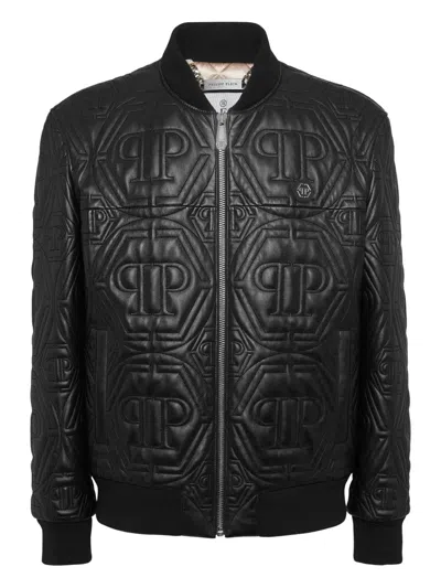 Philipp Plein Embossed Leather Bomber Monogram In Black